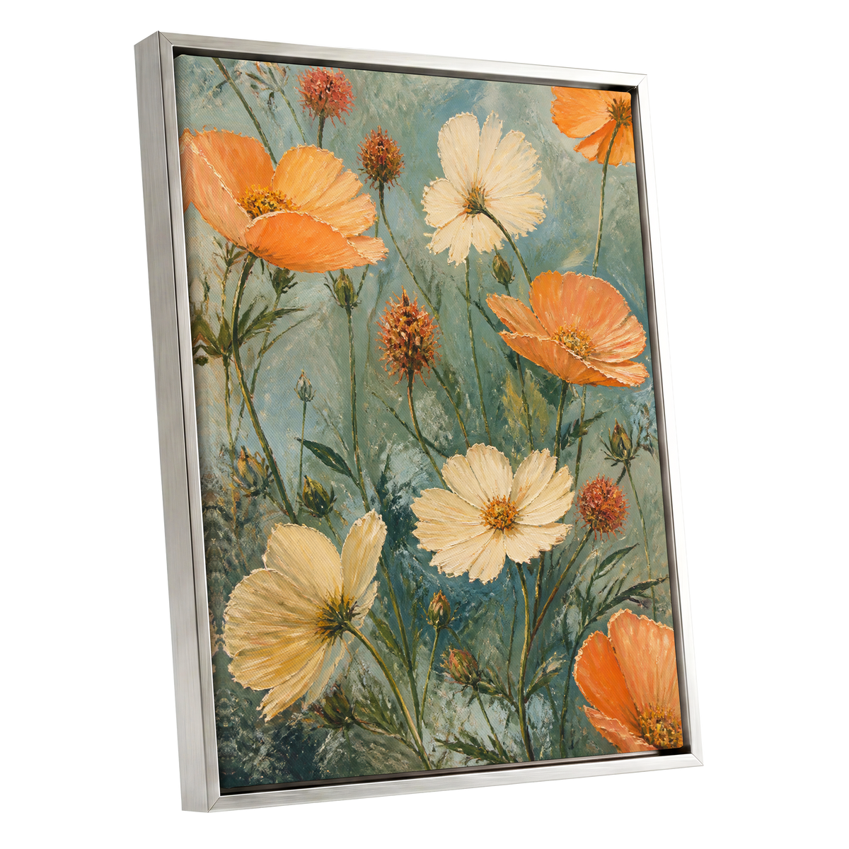 Apricot Meadow, orange, beige, white floral wall art shown as a silver framed canvas wall art