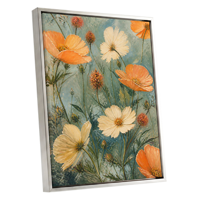 Apricot Meadow, orange, beige, white floral wall art shown as a silver framed canvas wall art