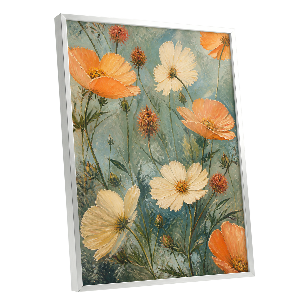 Apricot Meadow, orange, beige, white floral wall art shown as a silver framed poster wall art print