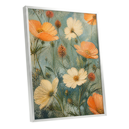Apricot Meadow, orange, beige, white floral wall art shown as a silver framed poster wall art print
