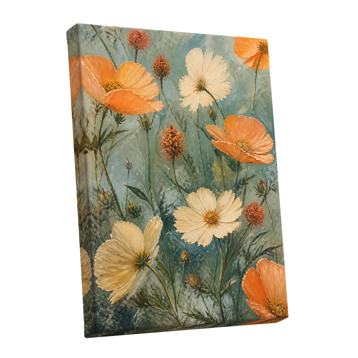 Apricot Meadow, orange, beige, white floral wall art shown as a stretched canvas wall art