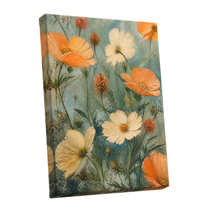 Apricot Meadow, orange, beige, white floral wall art shown as a stretched canvas wall art