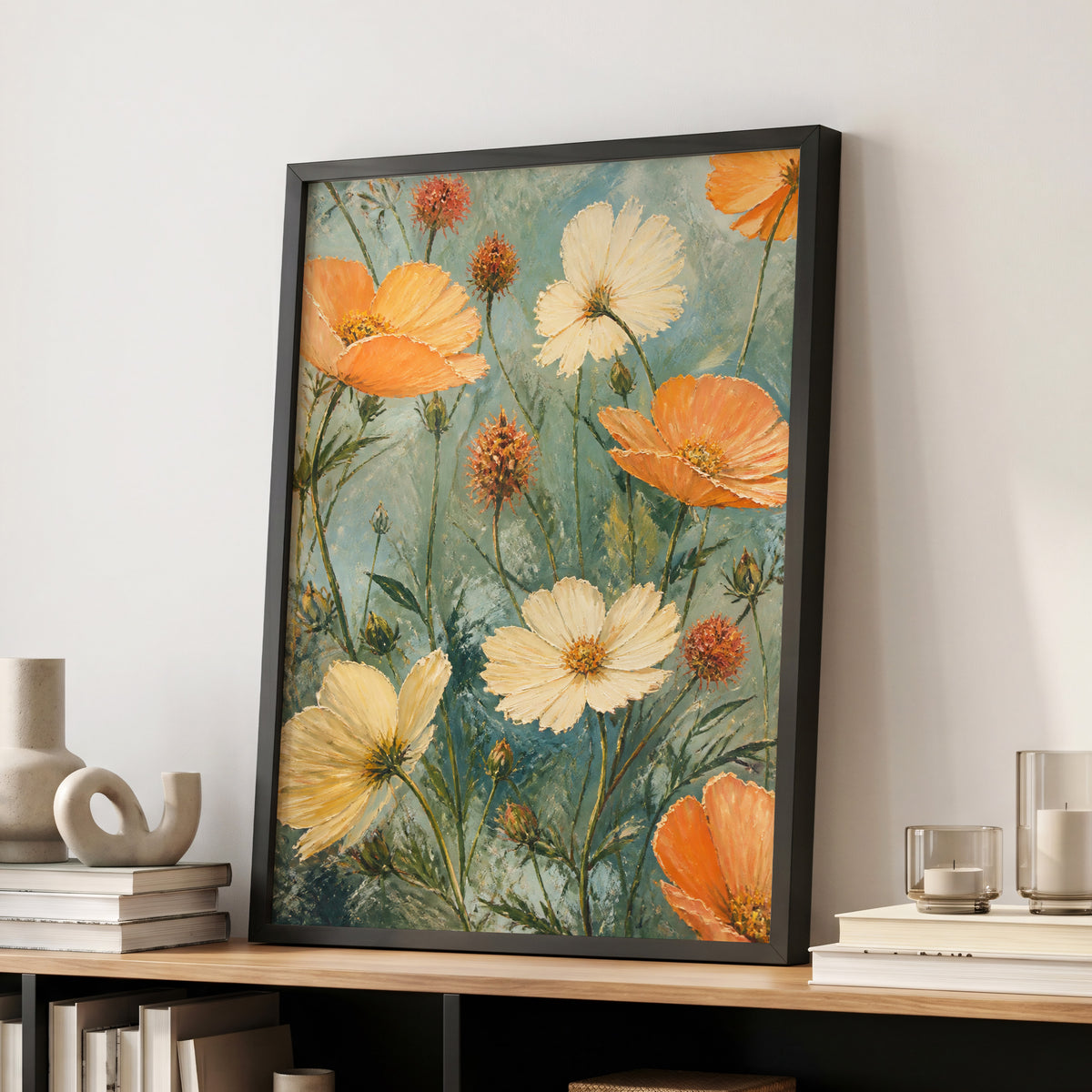 Apricot Meadow, orange, beige, white floral wall art displayed in a styled interior, gallery view 2