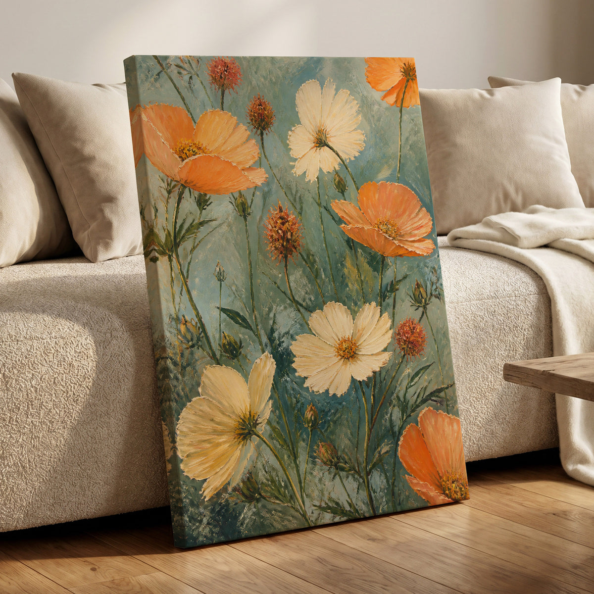 Apricot Meadow, orange, beige, white floral wall art displayed in a styled interior, gallery view 3