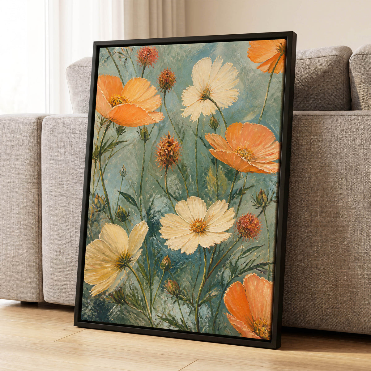 Apricot Meadow, orange, beige, white floral wall art displayed in a styled interior, gallery view 4
