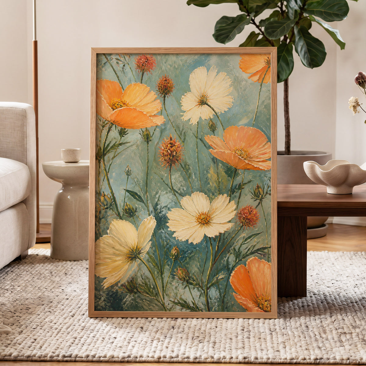 Apricot Meadow, orange, beige, white floral wall art displayed in a styled interior, gallery view 6