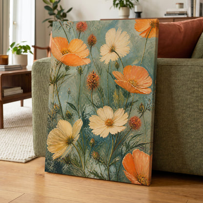 Apricot Meadow, orange, beige, white floral wall art displayed in a styled interior, gallery view 7