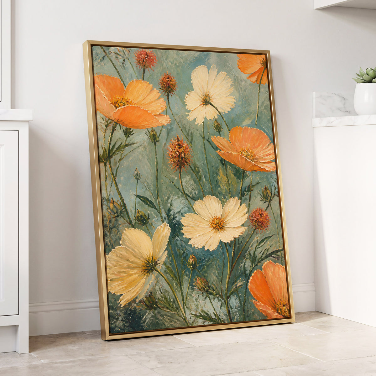 Apricot Meadow, orange, beige, white floral wall art displayed in a styled interior, gallery view 8