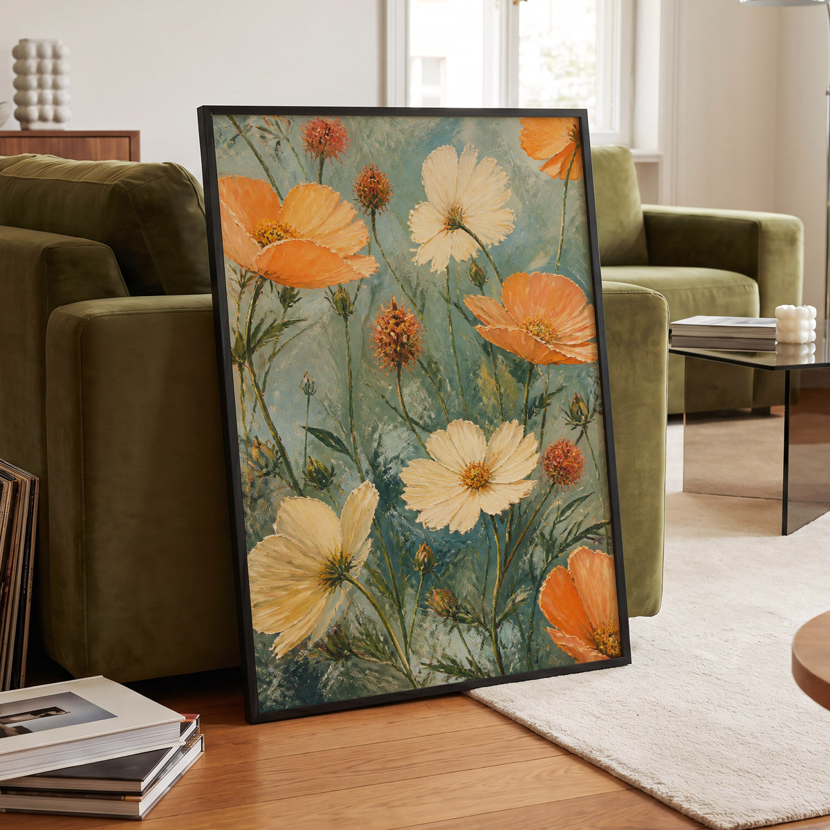 Apricot Meadow, orange, beige, white floral wall art displayed in a styled interior, gallery view 9