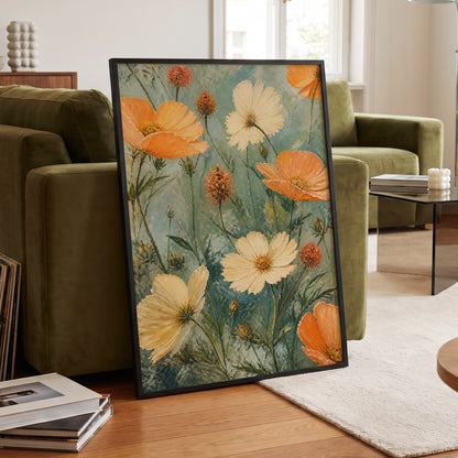 Apricot Meadow, orange, beige, white floral wall art displayed in a styled interior, gallery view 9