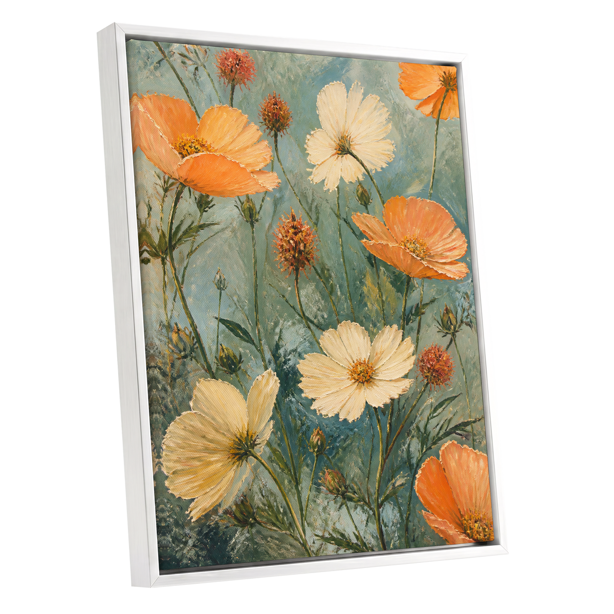 Apricot Meadow, orange, beige, white floral wall art shown as a white framed canvas wall art