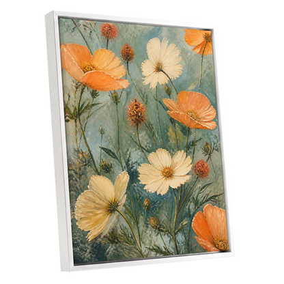 Apricot Meadow, orange, beige, white floral wall art shown as a white framed canvas wall art