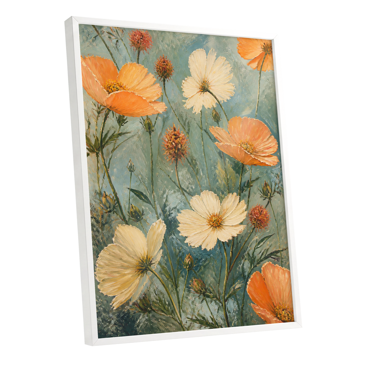 Apricot Meadow, orange, beige, white floral wall art shown as a white framed poster wall art print