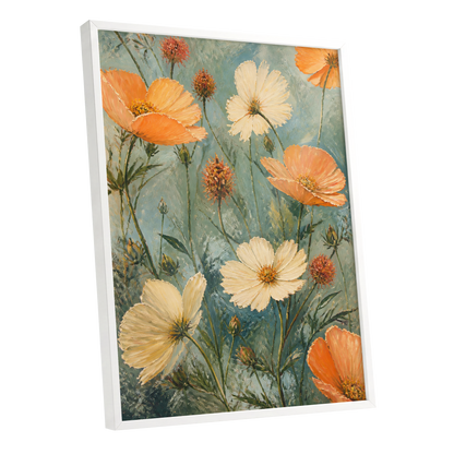 Apricot Meadow, orange, beige, white floral wall art shown as a white framed poster wall art print