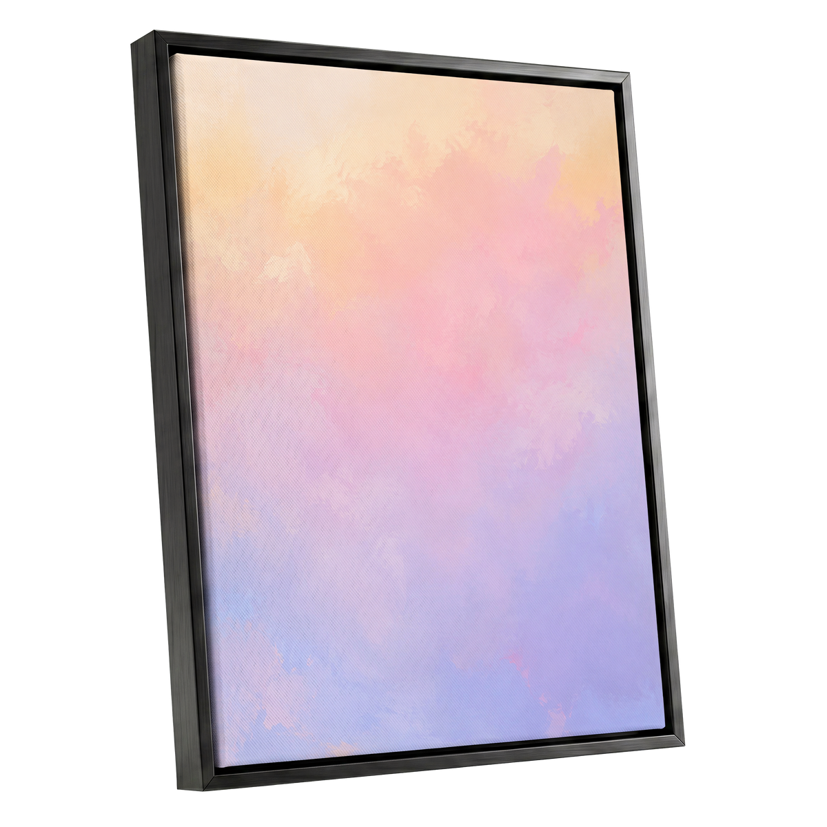 Apricot Reverie, orange, pink, purple abstract wall art shown as a black framed canvas wall art