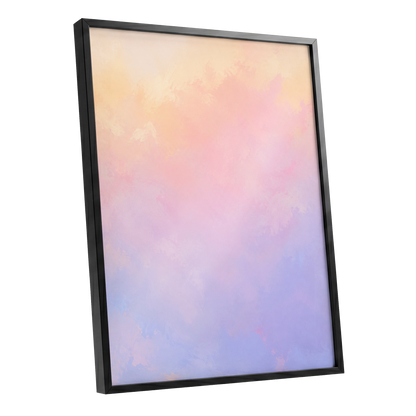 Apricot Reverie, orange, pink, purple abstract wall art shown as a black framed poster wall art print