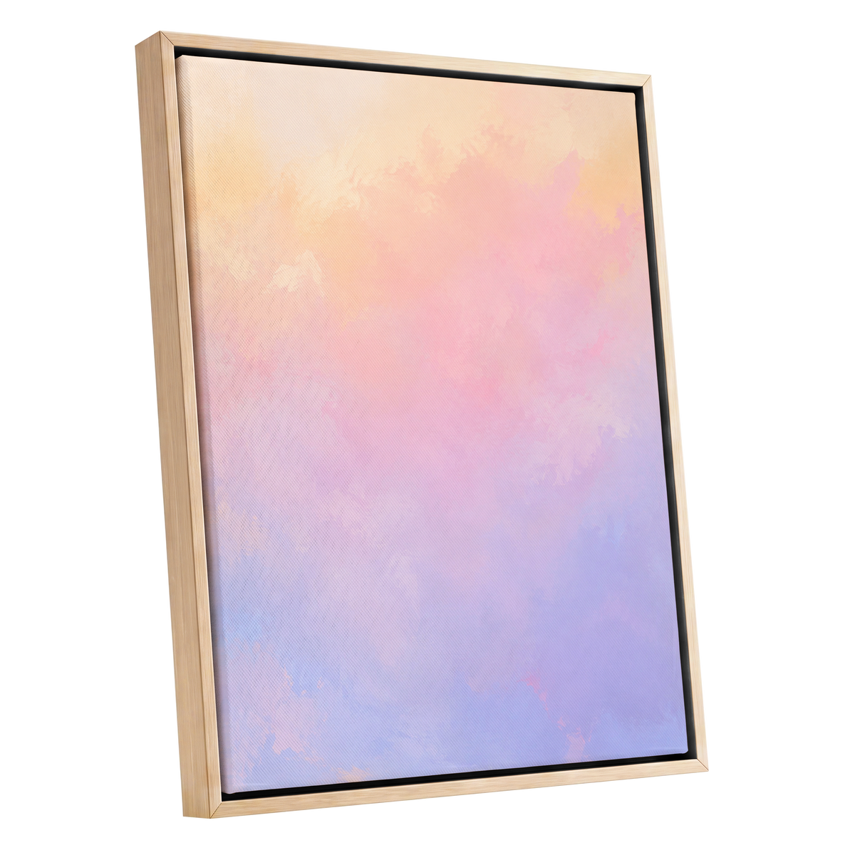 Apricot Reverie, orange, pink, purple abstract wall art shown as a oak framed canvas wall art