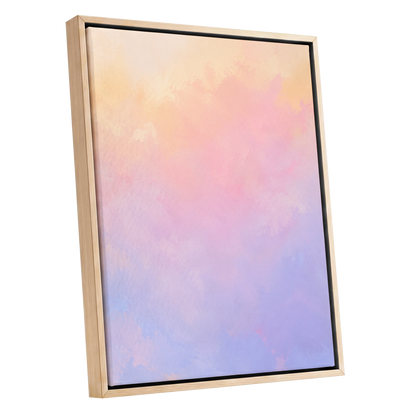 Apricot Reverie, orange, pink, purple abstract wall art shown as a oak framed canvas wall art