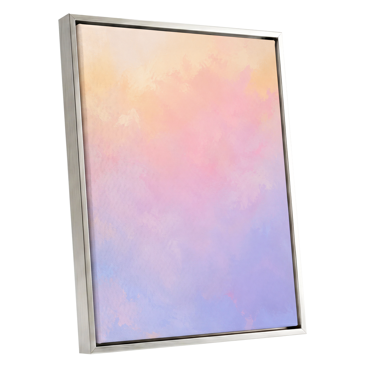 Apricot Reverie, orange, pink, purple abstract wall art shown as a silver framed canvas wall art