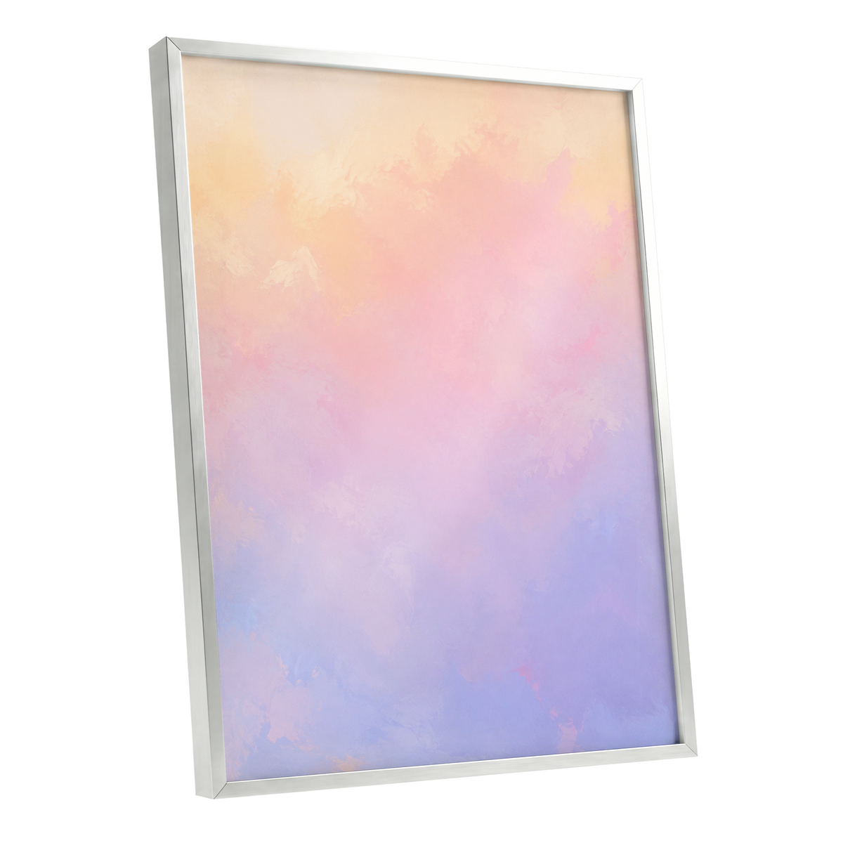 Apricot Reverie, orange, pink, purple abstract wall art shown as a silver framed poster wall art print