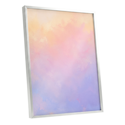 Apricot Reverie, orange, pink, purple abstract wall art shown as a silver framed poster wall art print