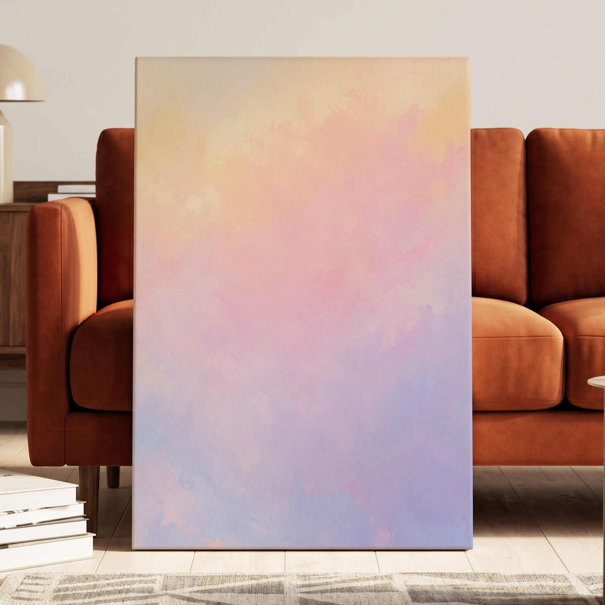Apricot Reverie, orange, pink, purple abstract wall art displayed in a styled interior, gallery view 3