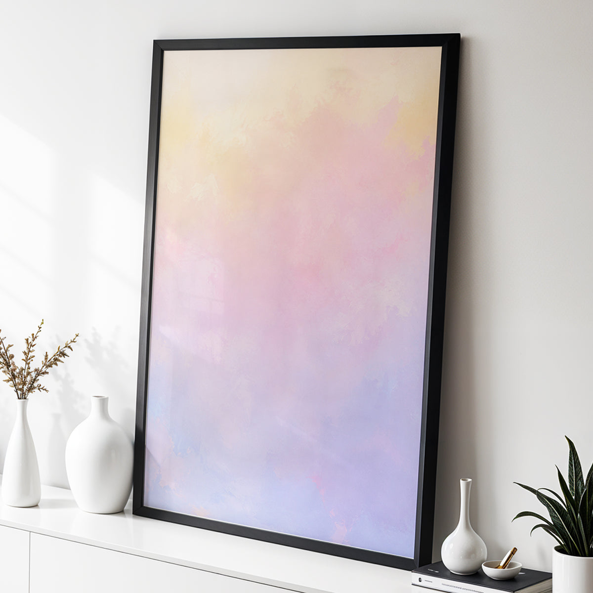 Apricot Reverie, orange, pink, purple abstract wall art displayed in a styled interior, gallery view 6