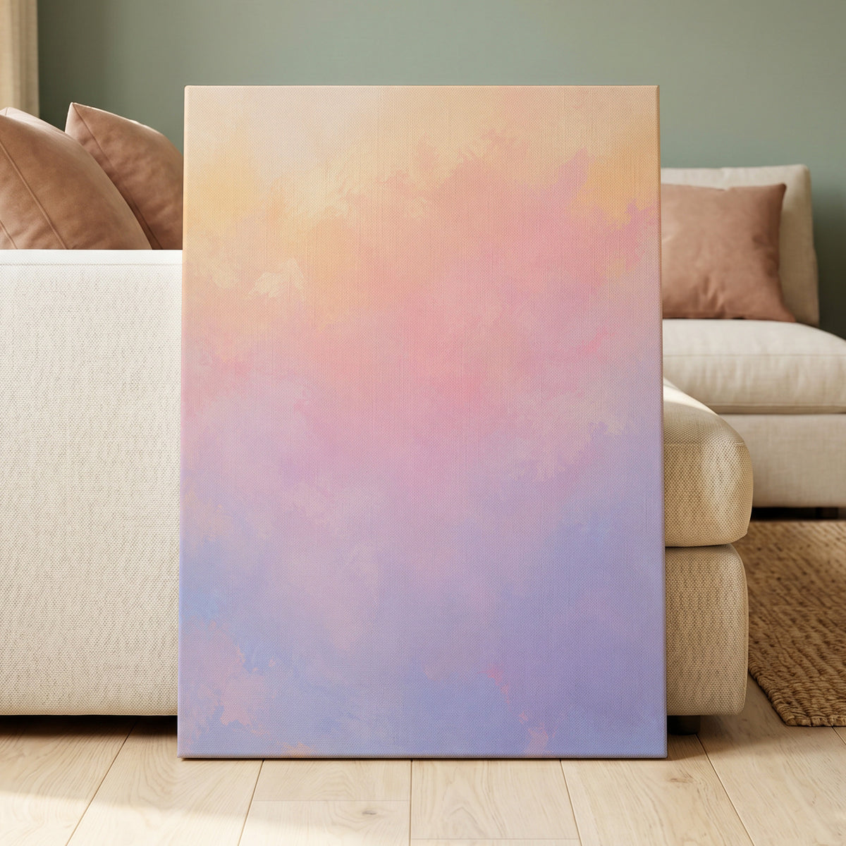 Apricot Reverie, orange, pink, purple abstract wall art displayed in a styled interior, gallery view 7