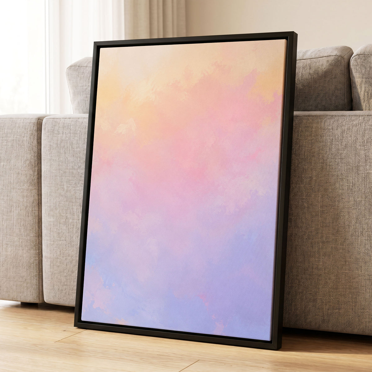 Apricot Reverie, orange, pink, purple abstract wall art displayed in a styled interior, gallery view 8