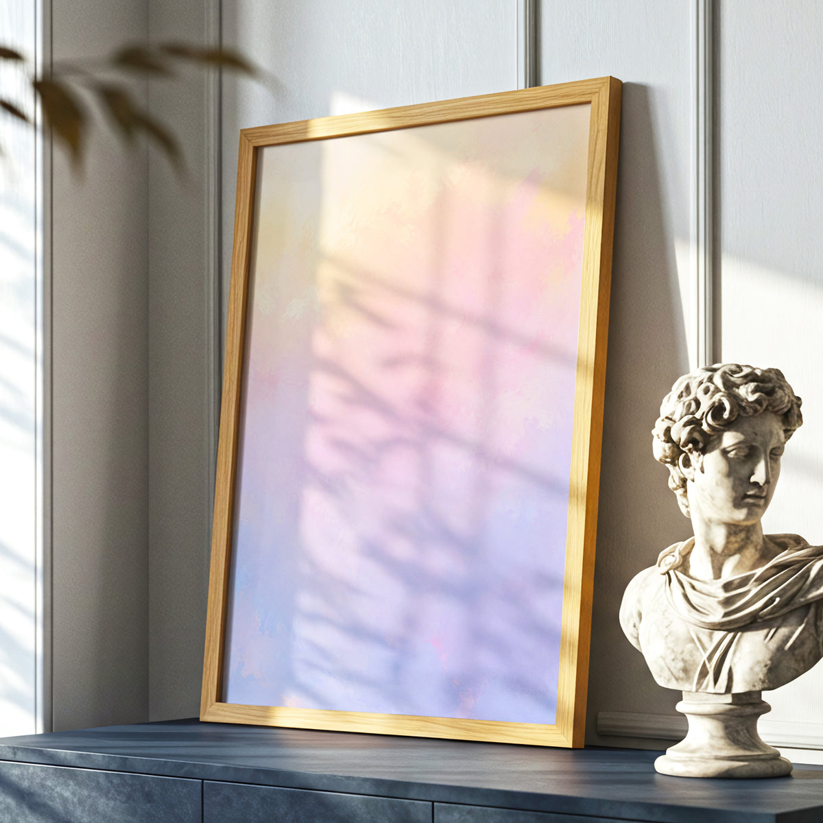 Apricot Reverie, orange, pink, purple abstract wall art displayed in a styled interior, gallery view 9