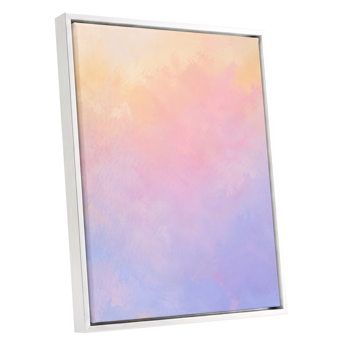 Apricot Reverie, orange, pink, purple abstract wall art shown as a white framed canvas wall art