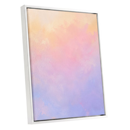 Apricot Reverie, orange, pink, purple abstract wall art shown as a white framed canvas wall art