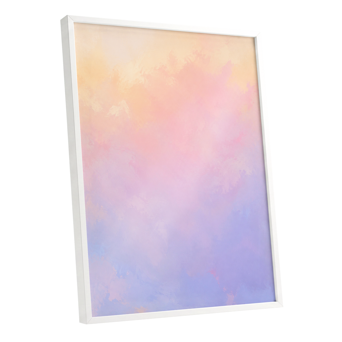 Apricot Reverie, orange, pink, purple abstract wall art shown as a white framed poster wall art print