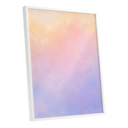 Apricot Reverie, orange, pink, purple abstract wall art shown as a white framed poster wall art print