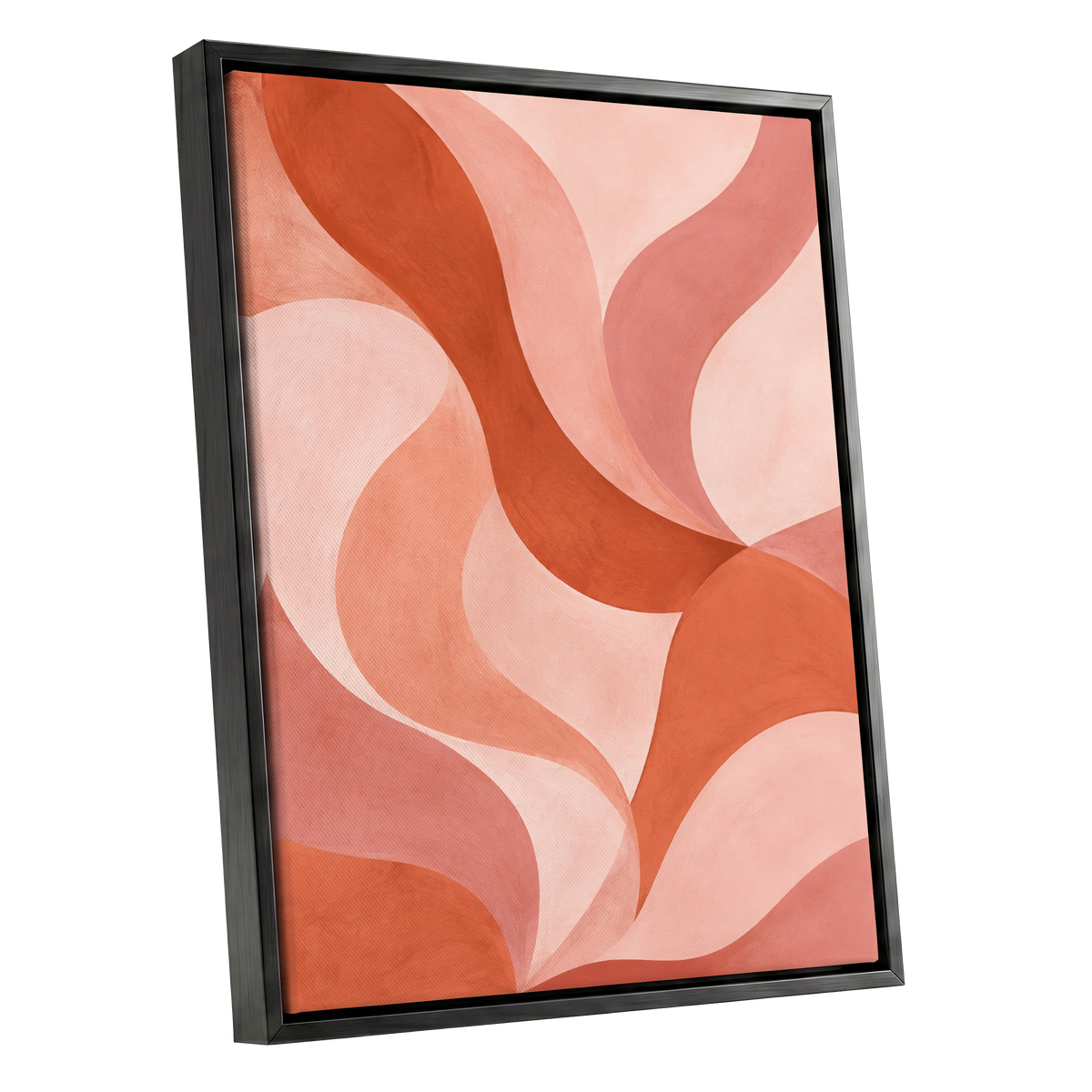 Apricot Ribbons, orange, pink, beige abstract wall art shown as a black framed canvas wall art