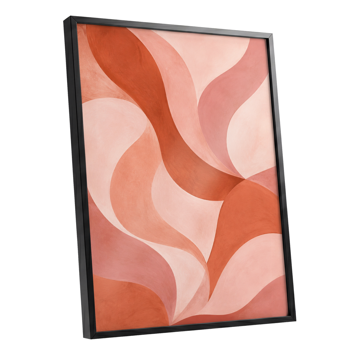 Apricot Ribbons, orange, pink, beige abstract wall art shown as a black framed poster wall art print