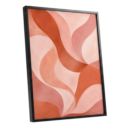 Apricot Ribbons, orange, pink, beige abstract wall art shown as a black framed poster wall art print