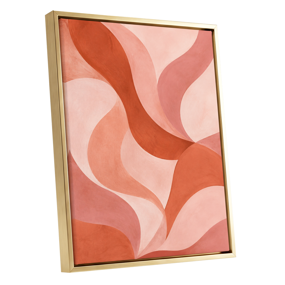 Apricot Ribbons, orange, pink, beige abstract wall art shown as a gold framed canvas wall art
