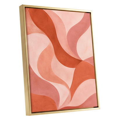 Apricot Ribbons, orange, pink, beige abstract wall art shown as a gold framed canvas wall art
