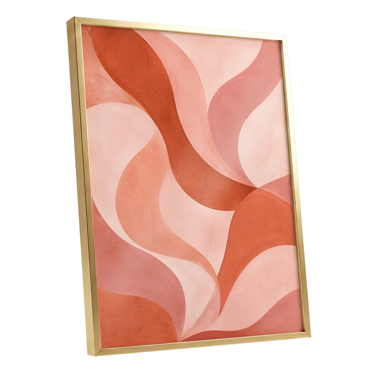 Apricot Ribbons, orange, pink, beige abstract wall art shown as a gold framed poster wall art print