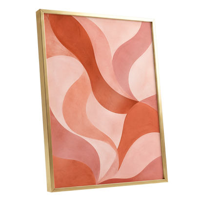 Apricot Ribbons, orange, pink, beige abstract wall art shown as a gold framed poster wall art print