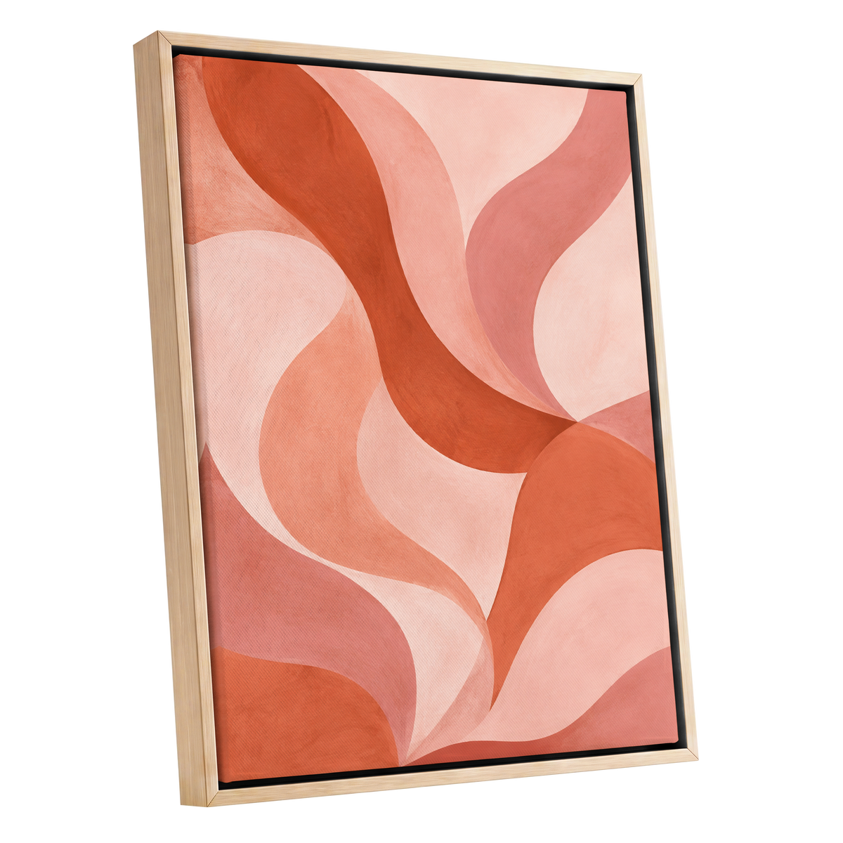 Apricot Ribbons, orange, pink, beige abstract wall art shown as a oak framed canvas wall art