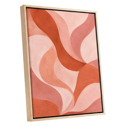 Apricot Ribbons, orange, pink, beige abstract wall art shown as a oak framed canvas wall art