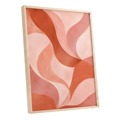 Apricot Ribbons, orange, pink, beige abstract wall art shown as a oak framed poster wall art print