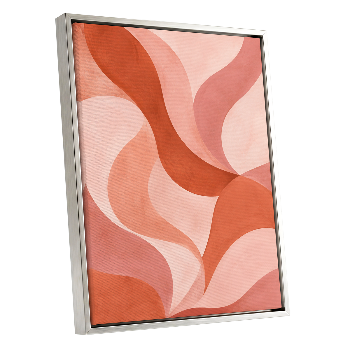 Apricot Ribbons, orange, pink, beige abstract wall art shown as a silver framed canvas wall art