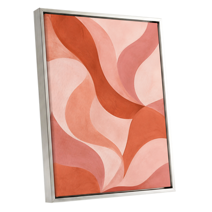 Apricot Ribbons, orange, pink, beige abstract wall art shown as a silver framed canvas wall art