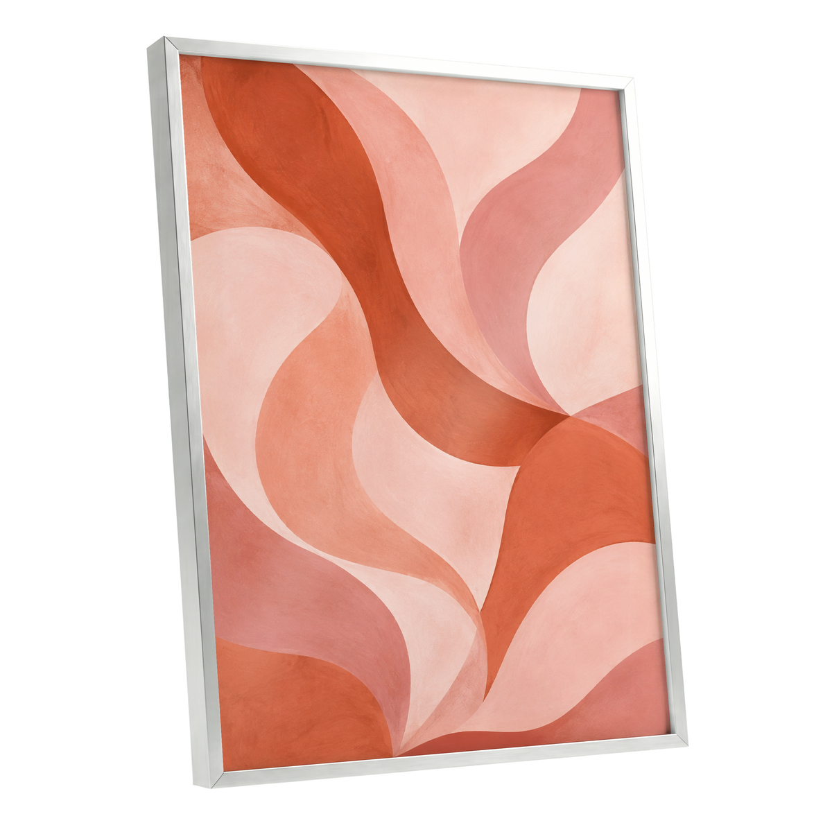 Apricot Ribbons, orange, pink, beige abstract wall art shown as a silver framed poster wall art print