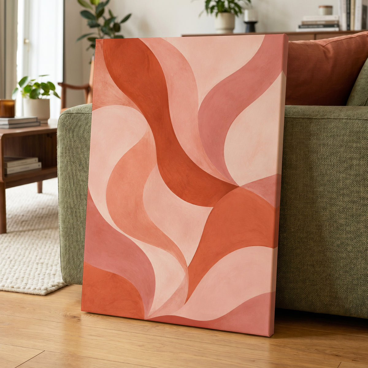 Apricot Ribbons, orange, pink, beige abstract wall art displayed in a styled interior, gallery view 3