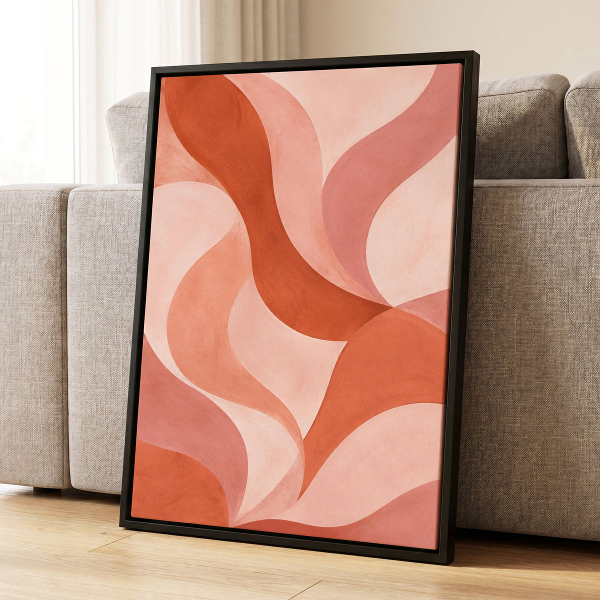 Apricot Ribbons, orange, pink, beige abstract wall art displayed in a styled interior, gallery view 4