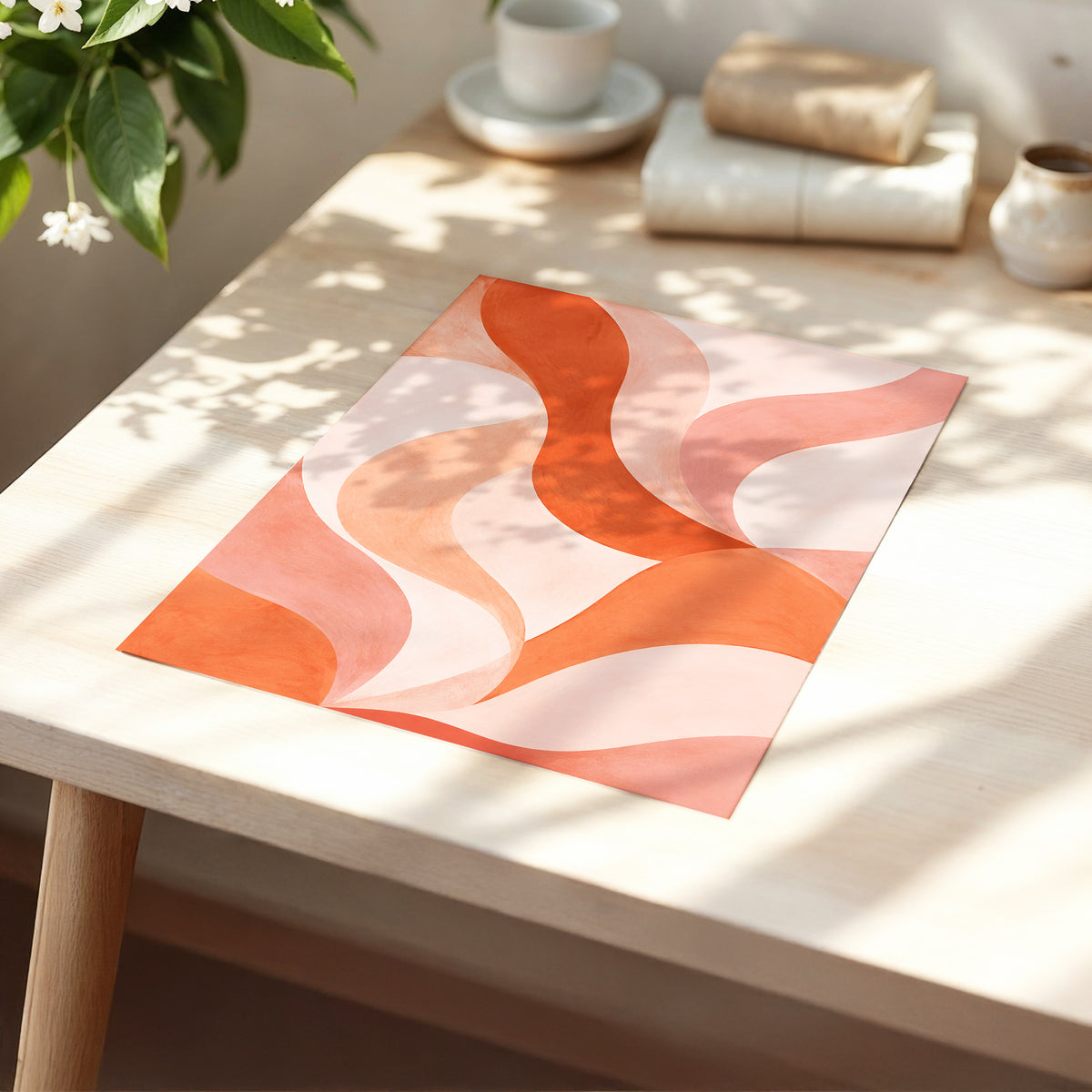 Apricot Ribbons, orange, pink, beige abstract wall art displayed in a styled interior, gallery view 5